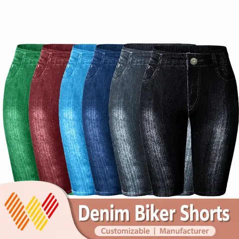 Damen Casual Hohe Taille Stretch Denim Print Radlerhose Slim Fit Aktive Sport Fitness Fünf-Punkte Leggings