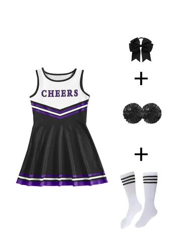 Girls Cheerleading Outfit Costume Sleeveless Printed Dress With Pom Poms Socks Hair Accessories Kids Stage Performance Sports Meeting Set