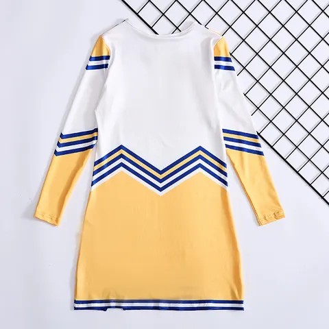 Girls Cheerleading Costume Outfit Long Sleeve Top Pleated Skirt Pom Poms Kids Sports Dance Performance Set