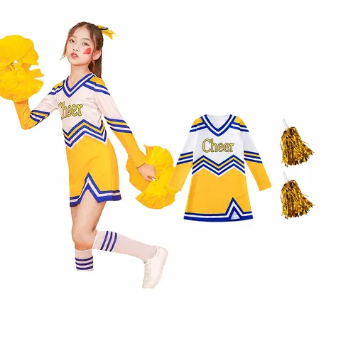 Girls Cheerleading Costume Outfit Long Sleeve Top Pleated Skirt Pom Poms Kids Sports Dance Performance Set