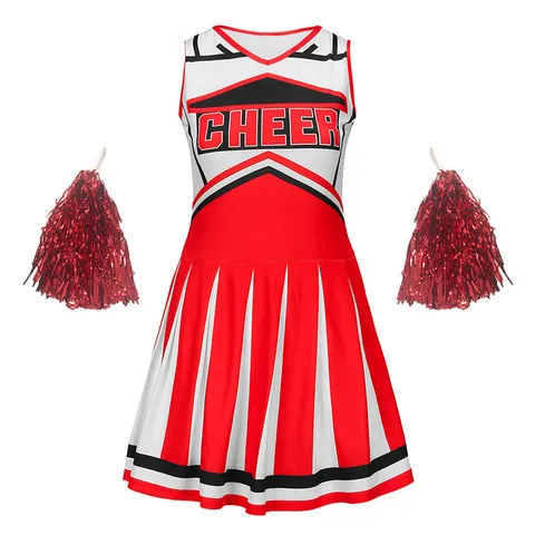 Kinder Mädchen Cheerleader Uniform Ärmelloses V-Ausschnitt Kleid Mit Pompons Schule Sportteam Tanzparty Performance Kostüm