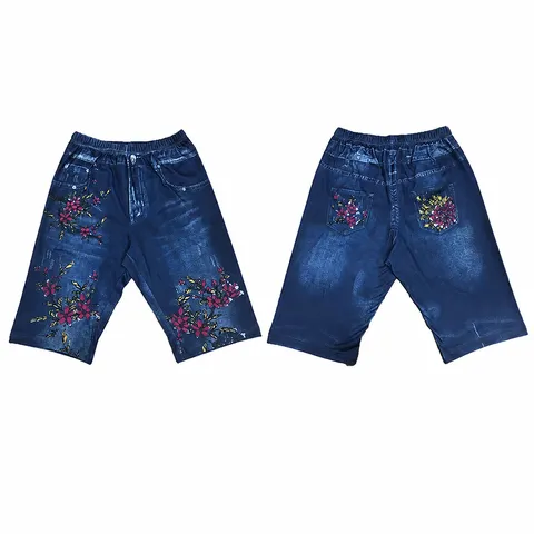 Shorts Faux Denim Extensible Taille Haute pour Femmes Casual Skinny Imprimé Floral Remontant Short De Sport
