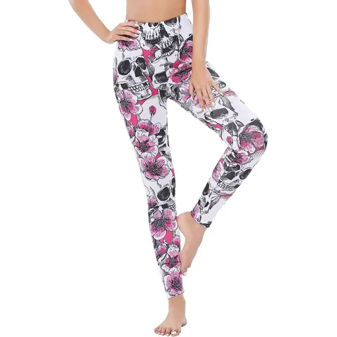 Damen Casual Hohe Taille Totenkopf Bedruckt Stretch Leggings Goth Skinny Hose
