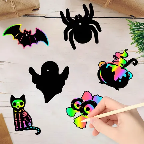 Halloween Party Decorations DIY Rainbow Art Scratch Cards Skeleton Bat Ghost Pumpkin Hanging Ornaments For Kids Party Favors