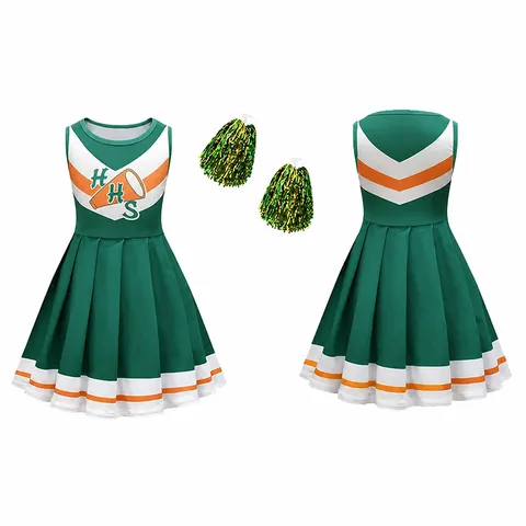 Costume da Cheerleader per Bambini Abito Plissettato Senza Maniche Con Pompon Divisa in Poliestere per Ragazze Spettacolo Sportivo