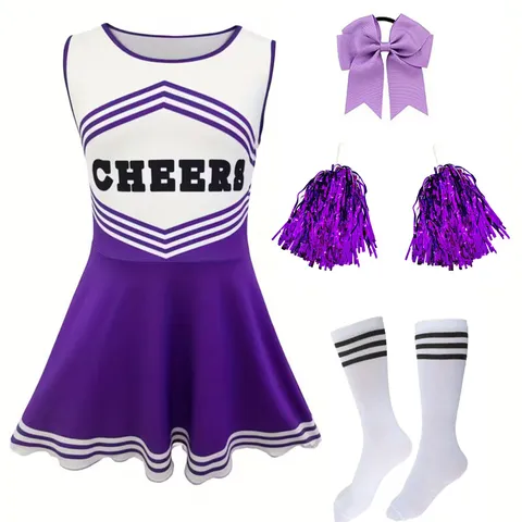 Kinder Cheerleader Uniform Kostüm Ärmelloses Buchstabe Druck Kleid Mit Haarschleife Socken Mädchen Auftritt Outfit