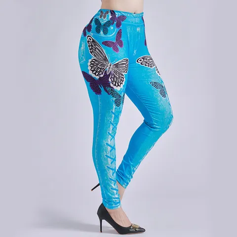 Damen Hohe Taille Figurformend Leggings Mode Schmetterlingsdruck Faux Denim Skinny Hose Lässige Stretch Lange Hose
