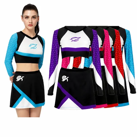 Damen Mädchen Cheerleading Uniform Kostüm Langarm Crop Top Und Rock Set Bühnenperformance Tanzbekleidung
