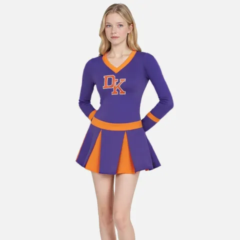 Dames Lange Mouw Cheerleader Uniform Top en Rok Set V-Hals Paars Contrastkleur Sportkleding Optreden Outfit