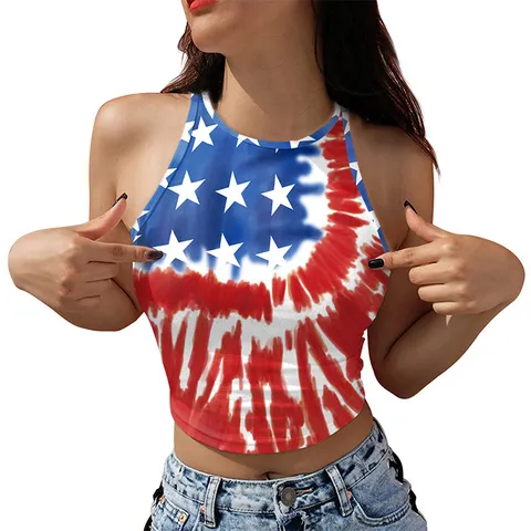 Damen Casual Amerikanische Flagge Print Ärmellos Tanktop Sommer Slim Fit Crop Cami Streetwear