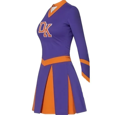 Dames Lange Mouw Cheerleader Uniform Top en Rok Set V-Hals Paars Contrastkleur Sportkleding Optreden Outfit