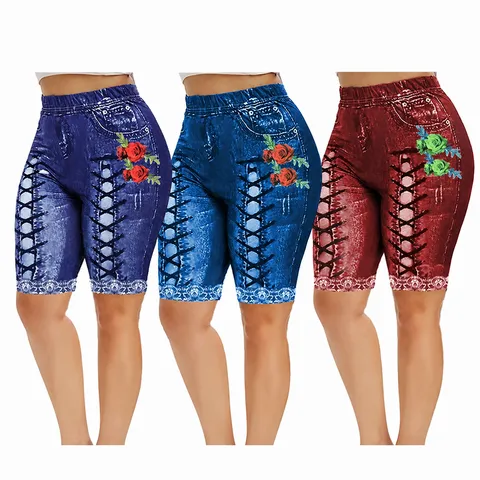 Damen Hohe Taille Elastische Imitation Denim Shorts Schmale Passform Lässige Gedruckte Spitzenbesatz Po-Lift Leggings