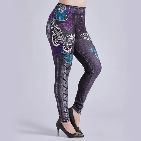 Damen Hohe Taille Figurformend Leggings Mode Schmetterlingsdruck Faux Denim Skinny Hose Lässige Stretch Lange Hose