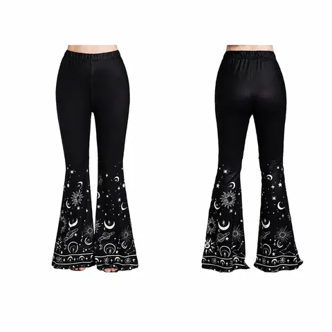 Damen Hohe Taille Micro Schlaghose Frühling Sommer Slim Fit Casual Lange Hose Mit Stern Mond Druck