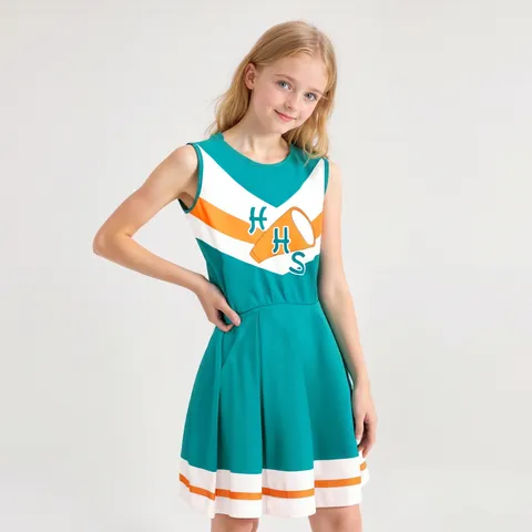 Costume da Cheerleader per Bambini Ragazze Sport Performance Outfit Top Senza Maniche Verde Gonna Bambini Abbigliamento da Palcoscenico