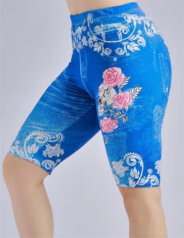 Womens High Waist Faux Denim Printed Bermuda Shorts Skull Rose Pattern Slim Fit Elastic Casual Leggings