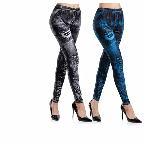 Women's High Waisted Slimming Leggings Digital Printed Imitation Denim Long Pants Casual Stretchy Skinny Trousers