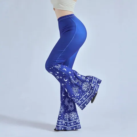 Damen Hohe Taille Micro Schlaghose Frühling Sommer Slim Fit Casual Lange Hose Mit Stern Mond Druck