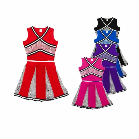 Damen Cheerleading Uniform Set Pailletten V-Ausschnitt Crop Top Und Faltenrock Preppy Stil Bühne Performance Outfit Top Und Bottom