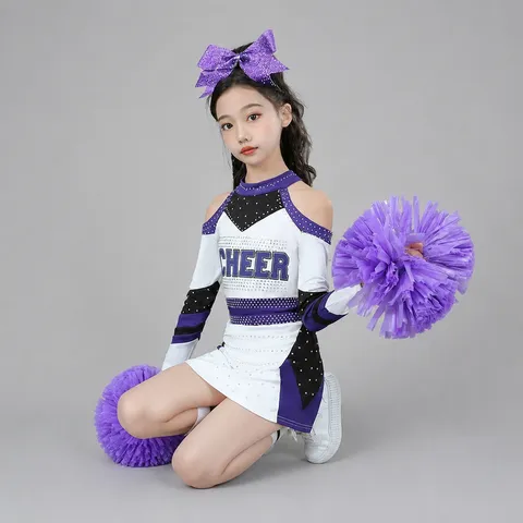 Kinder Cheerleading Uniform Top Und Bottom Mit Pom Poms Pailletten Strass Sportlich Performance Tanzbekleidung Für Mädchen Studenten Aufführung