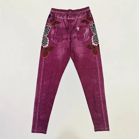Women High Waist Yoga Leggings Butterfly Print Faux Denim Slim Fit Elastic Sports Pants Fitness Gym Active Tights