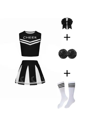 Mädchen Cheerleading Performance Kostüm Set Ärmelloses Top Und Plissierter Rock Mit Haar Schleife Pom Poms Socken Kinder Sportbekleidung