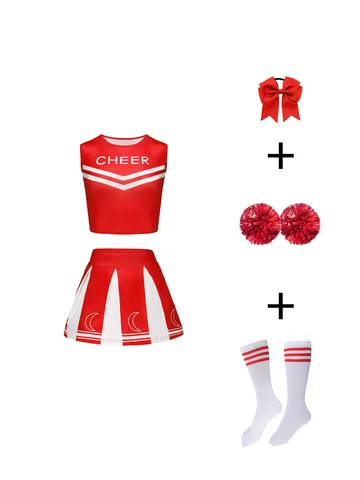 Mädchen Cheerleading Performance Kostüm Set Ärmelloses Top Und Plissierter Rock Mit Haar Schleife Pom Poms Socken Kinder Sportbekleidung