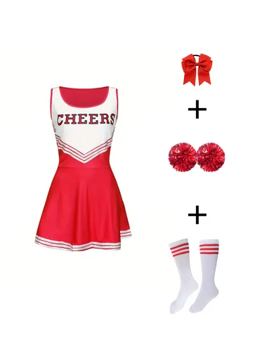 Mädchen Cheerleading Uniform Set Kinder Performance Tanzkostüm Ärmellos Buchstabendruck Kleid Mit Pompons Socken Schleife Haarklammer Performance Cheerleader Outfit