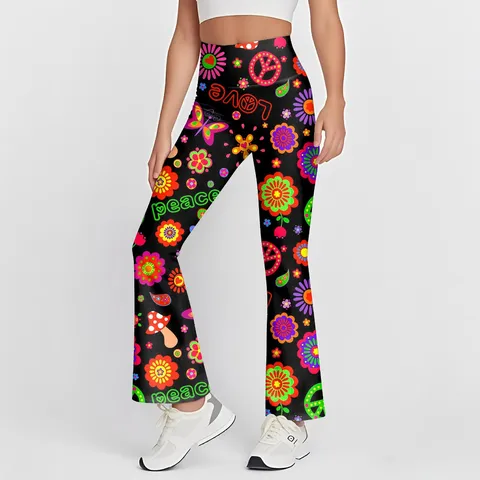 Damen Hohe Taille Slim Fit Schlaghose Retro Blumenprint Casual Hose Retro Hippie Schlaghose Streetwear