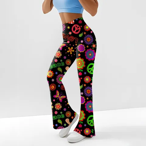 Damen Hohe Taille Slim Fit Schlaghose Retro Blumenprint Casual Hose Retro Hippie Schlaghose Streetwear