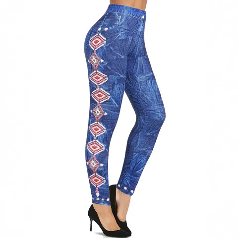Women High Waisted Slim Fit Elastic Sports Leggings Ethnic Geometric Print Fitness Yoga Pants Full Length Tights