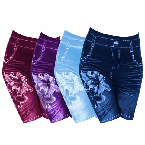 Damen Casual Hoher Bund Slim Fit Imitat Jeans Blumenmuster Shorts Elastisch Biker Shorts