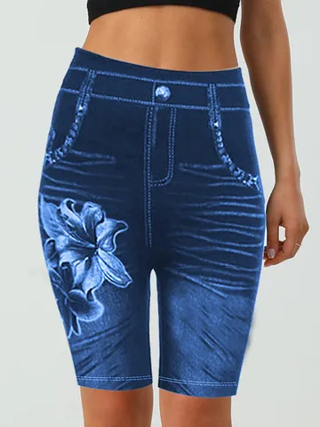 Damen Casual Hoher Bund Slim Fit Imitat Jeans Blumenmuster Shorts Elastisch Biker Shorts
