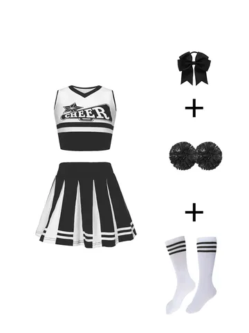 Mädchen Cheerleading Performance Kostüm Set Kurzarm Oberteil Plissierter Rock Mit Socken Pompons Und Haarschmuck