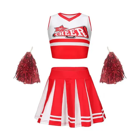 Mädchen Cheerleader Uniform Set V-Ausschnitt Ärmellos Crop Top Mit Plissee Rock Performance Party Outfit Kinder Tanzbekleidung