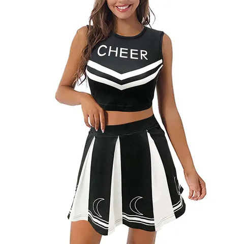 Damen Cheerleader Kostüm Crop Top Plissierter Rock Outfit Sexy Sport Tanz Uniform Performance Party Clubwear Set