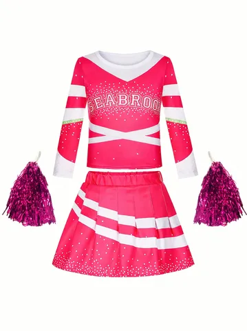 Damen Kinder Cheerleader Kostüm Langarm Oberteil Plisseerock Performance Party Cosplay Outfit Sport Set