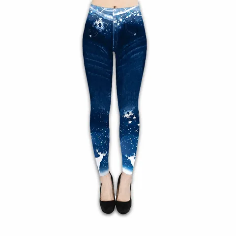 Women Christmas Faux Denim Print Leggings High Waist Elastic Slim Fit Workout Pants Winter Holiday Trousers