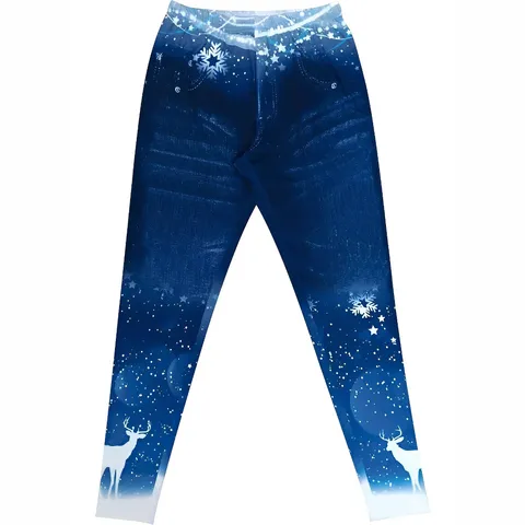 Women Christmas Faux Denim Print Leggings High Waist Elastic Slim Fit Workout Pants Winter Holiday Trousers