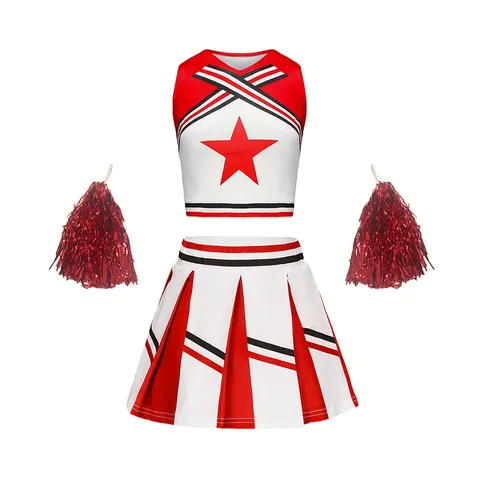 Mädchen Cheerleader Kostüm Set Polyester Stern Faltenrock Performance Tanzbekleidung Mit Poms Sportliche Teamuniform Oberteil Und Unterteil