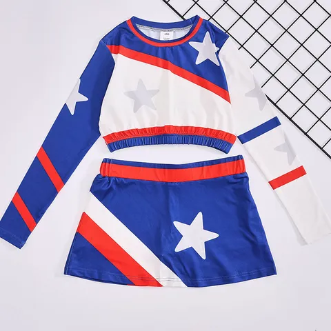 Kids Cheerleading Uniform Long Sleeve Crop Top With Pleated Skirt Performance Costume Girls Sports Dance Party Outfit Set