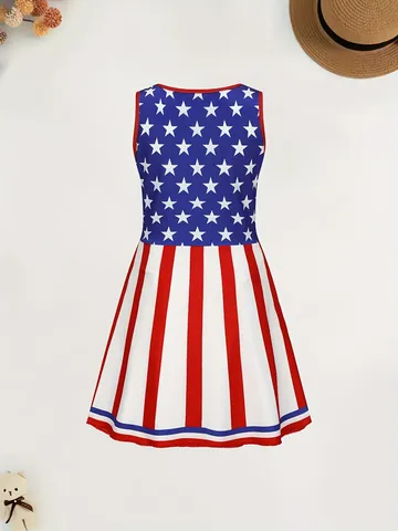 Girls Cheerleading Costume Independence Day Printed Sleeveless Dress Kids Stage Performance Outfit Cheer Party Dress