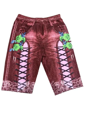 Damen Hohe Taille Elastische Imitation Denim Shorts Schmale Passform Lässige Gedruckte Spitzenbesatz Po-Lift Leggings