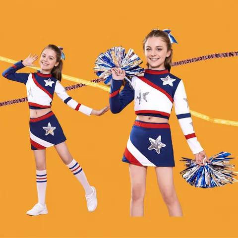 Kids Cheerleading Uniform Long Sleeve Crop Top With Pleated Skirt Performance Costume Girls Sports Dance Party Outfit Set