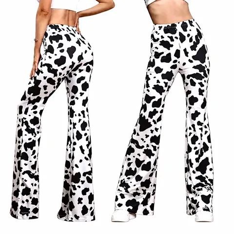 Women High Waisted Cow Print Flare Leggings Slimming Stretchy Yoga Pants Micro Flare Bottoms Polyester Fashion Trousers