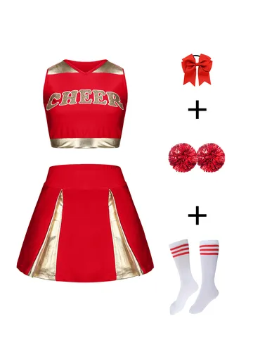 Ensemble de Costume de Pom-Pom Girl pour Femmes et Filles Top sans Manches Jupe Plissée Pom Poms Chaussettes Costume de Performance Uniforme Scolaire Sportif