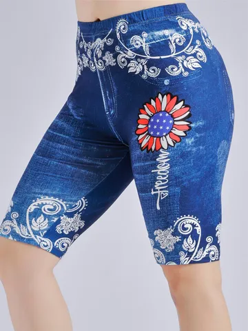 Damen High Waist Blumen Druck Radlerhose Milchseide Faux Denim Sonnenblume Schlankmachend Dehnbare Unterhose Fünf-Punkt-Legging-Shorts