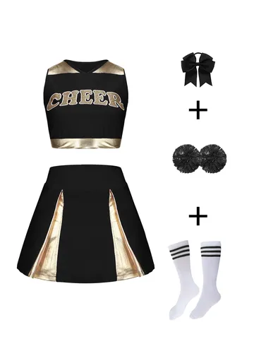Ensemble de Costume de Pom-Pom Girl pour Femmes et Filles Top sans Manches Jupe Plissée Pom Poms Chaussettes Costume de Performance Uniforme Scolaire Sportif