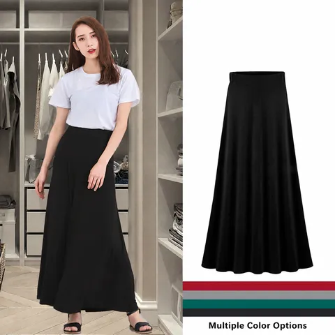 Damen High Waist A-Linie Plissee Langer Rock Lycra Elasthan Einfarbig Casual Büro Midi Rock Herbst Sommer Damen Unterteil
