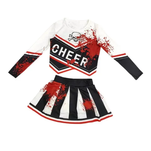 Kids Halloween Cheerleader Costume Set Long Sleeve Top Pleated Skirt Blood Zombie Cosplay Party Outfit For Girls